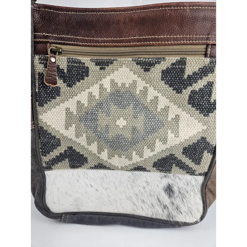 Myra Crossody Bag Southwest Print Woven‎ Leather Cowhide Accent Grey Brown White